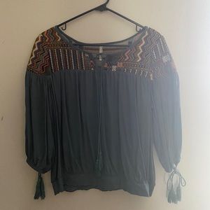 Mittoshop Embroidered Teal Blouse with tie sleeves
